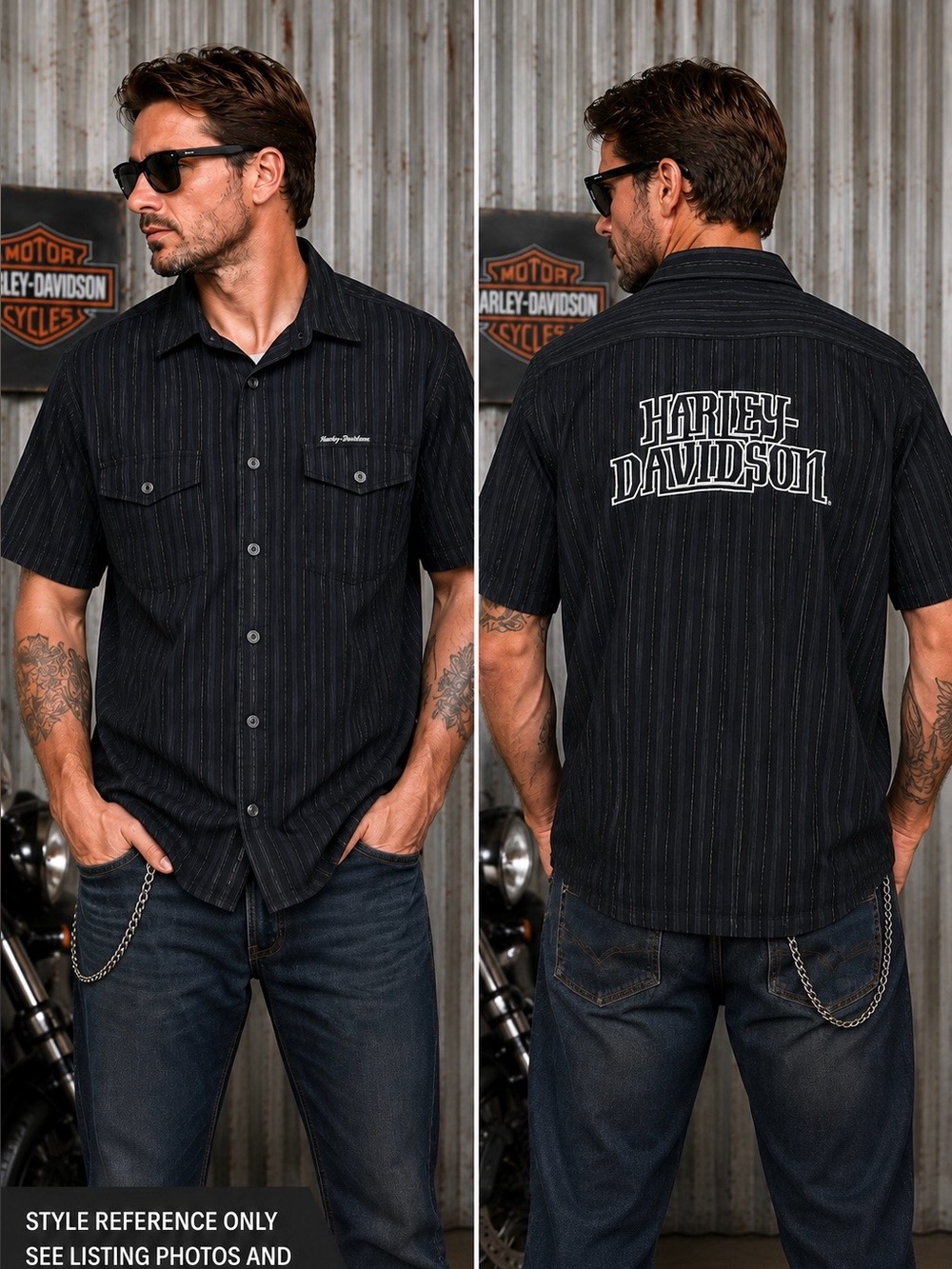 Harley-Davidson Men’s XL 2007 Black Pinstripe Embroidered Biker Shirt
